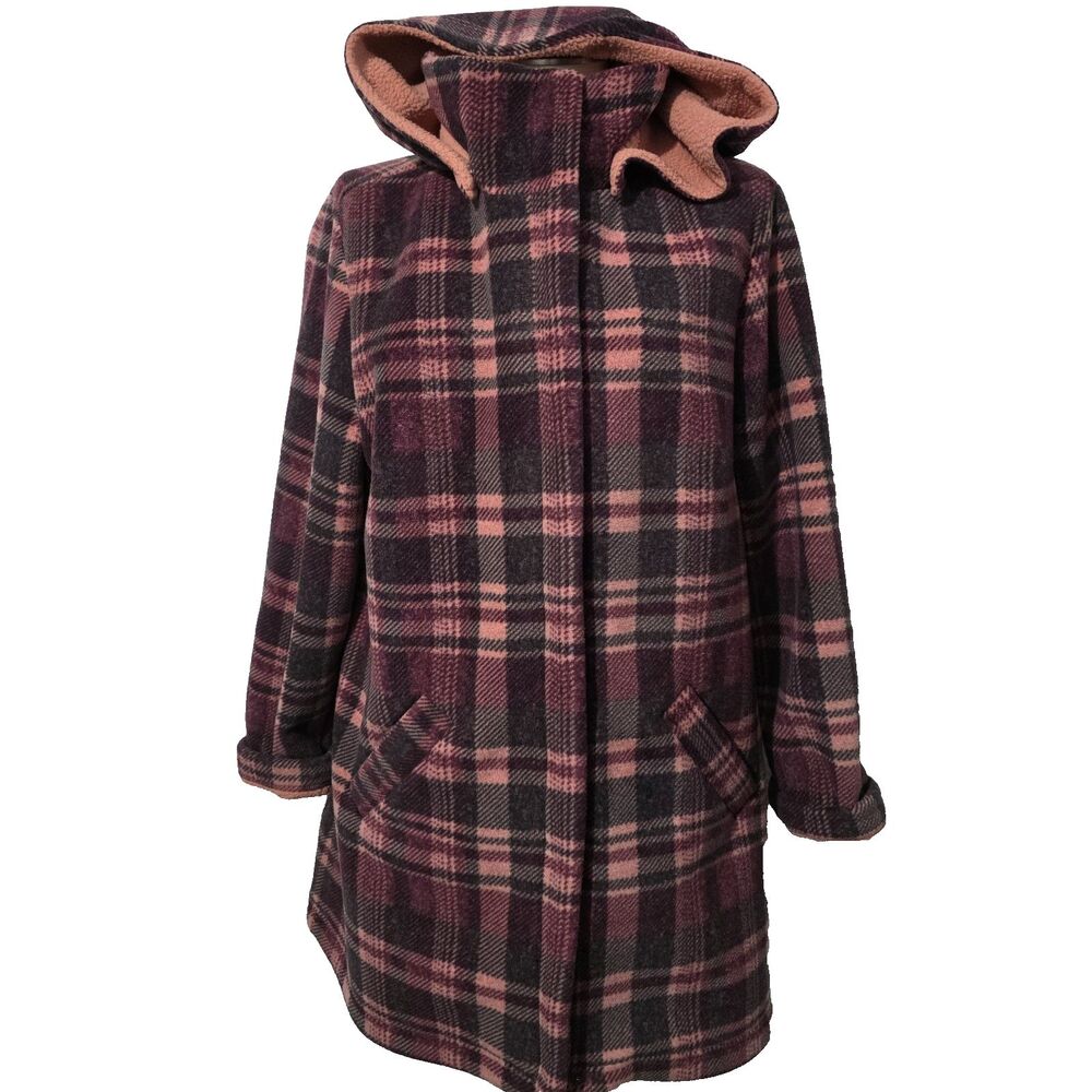 Denim & Co Plaid Bonded Fleece Hooded Coat Jacket Sherpa Lined Burgundy Pink L